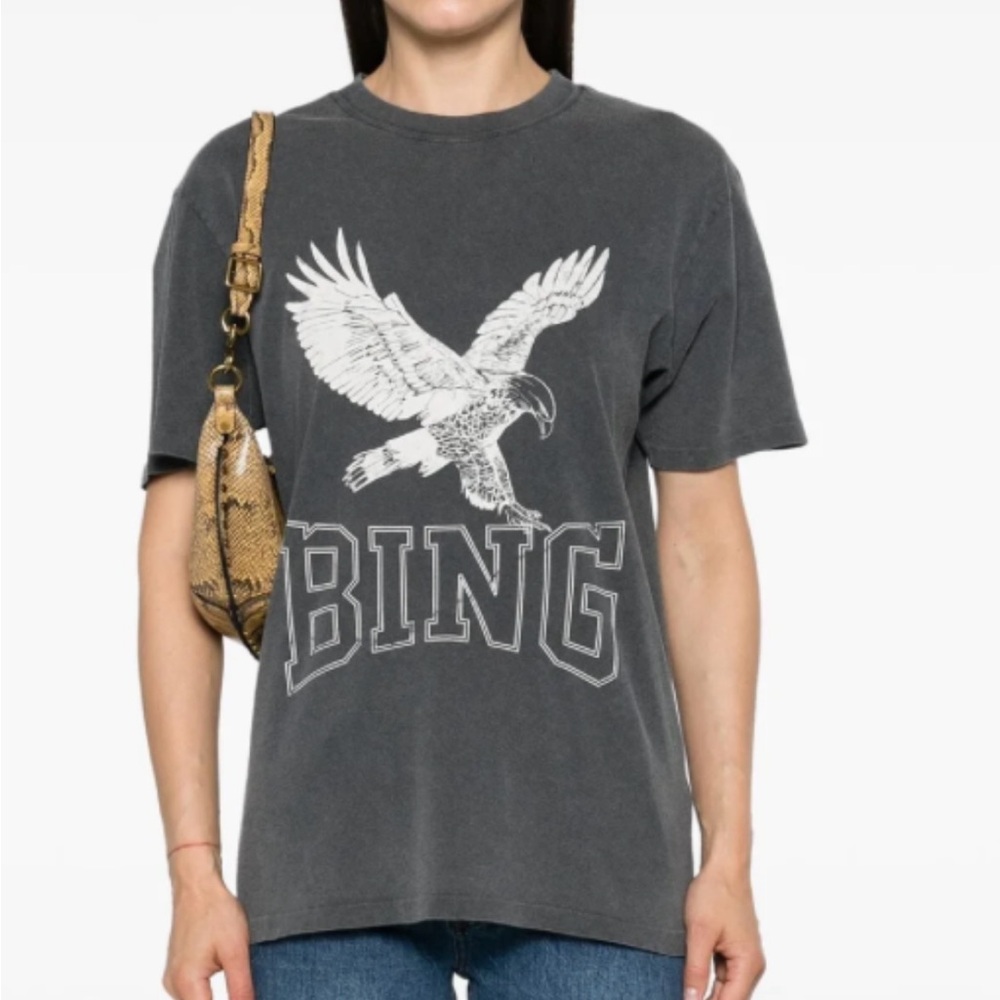Anine Bing Charcoal Tee with White Bird Design